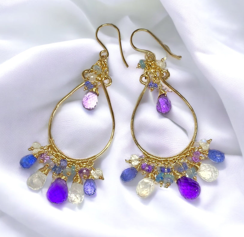 Gemstone Statement Chandelier Earrings in Tanzanite, Amethyst, Moonstone