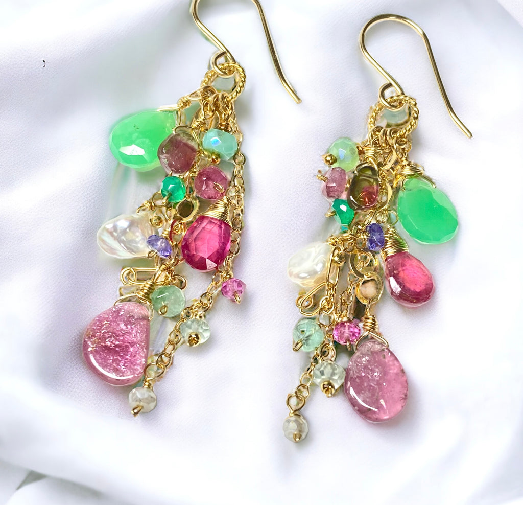 Pink Tourmaline Slice Green Chrysoprase Gemstone Dangle Earrings Gold Fill
