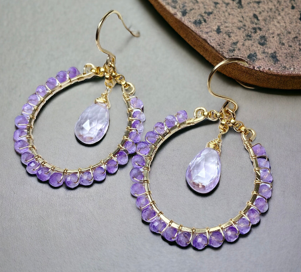Lavender Pink Amethyst Chandelier Hoop Earrings, Gold Fill