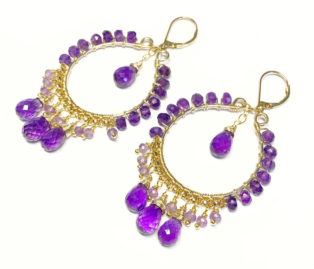 Amethyst Gold Fill Hoop Chandelier Earrings