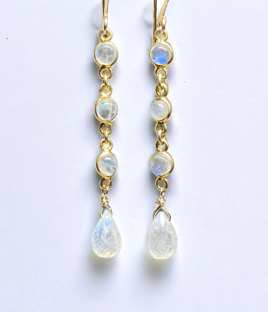 Rainbow Moonstone Teardrop Triple Dangle Earrings Gold Fill