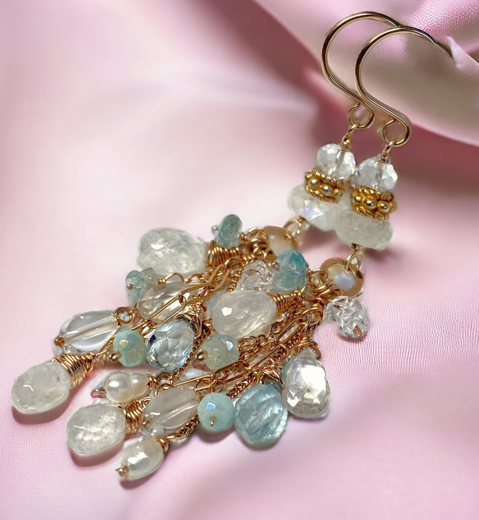 Rose Gold Rainbow Moonstone and Blue Gem Dangle Earrings