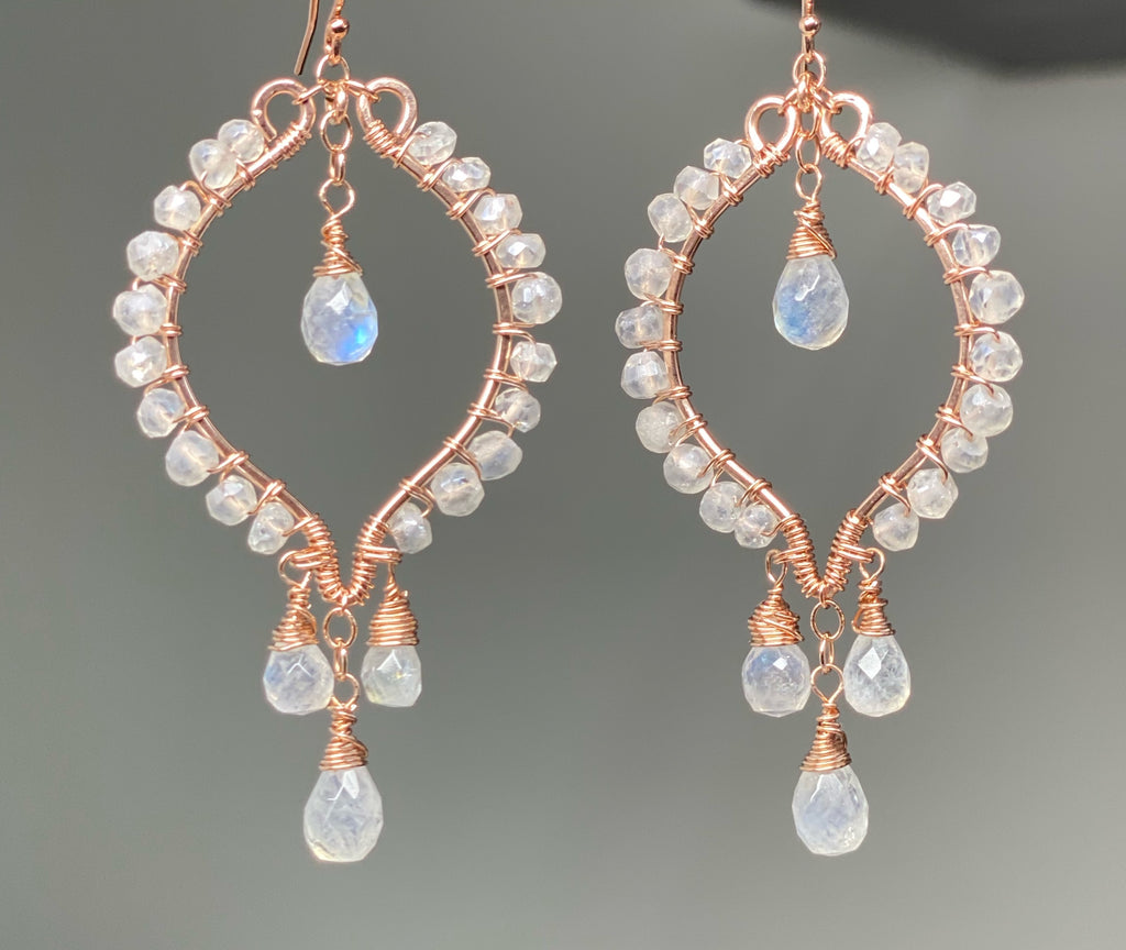 Rose Gold Hoop Earrings Rainbow Moonstone Mystic Crystal
