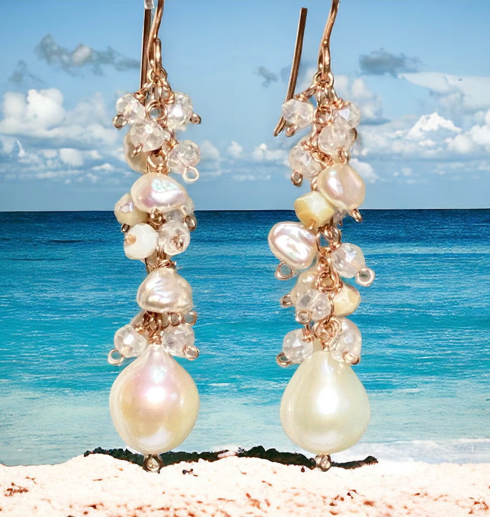Rose Gold Long Dangle Earrings Keishi Pearl Mystic Quartz