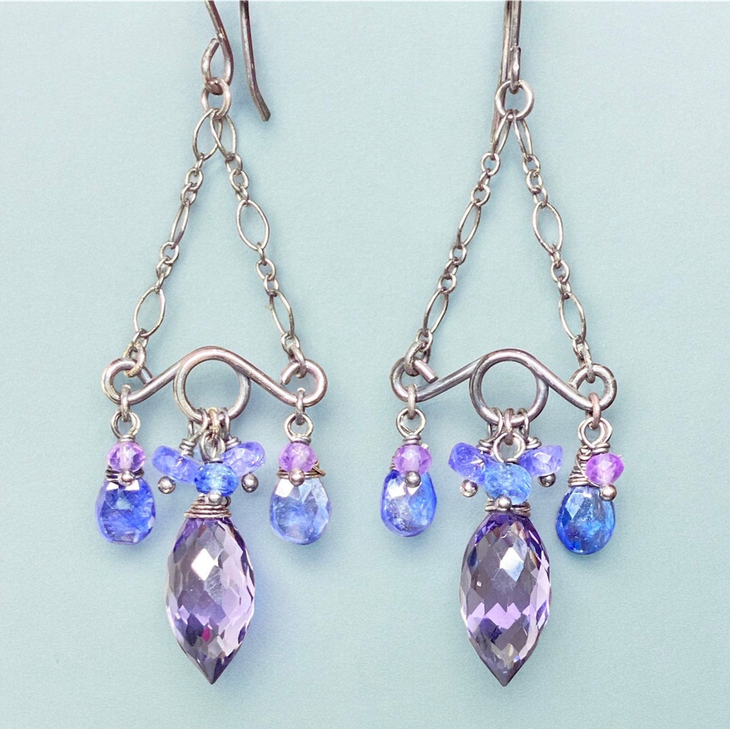 Blue Purple Gemstone Handmade Chandelier Earrings Oxidized Silver Tanzanite