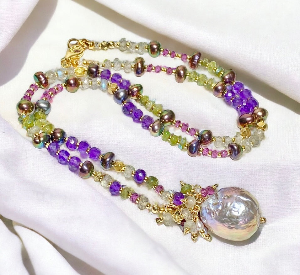 Exotic Mauve Pink Pond Slime Baroque Freshwater Pearl Pendant with Gemstone Necklace