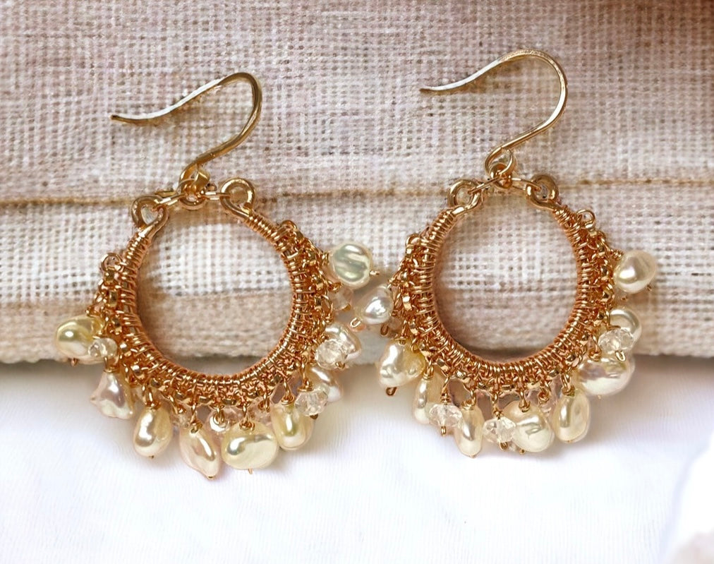 Rose Gold Keishi Pearl and Crystal Hoop Earrings