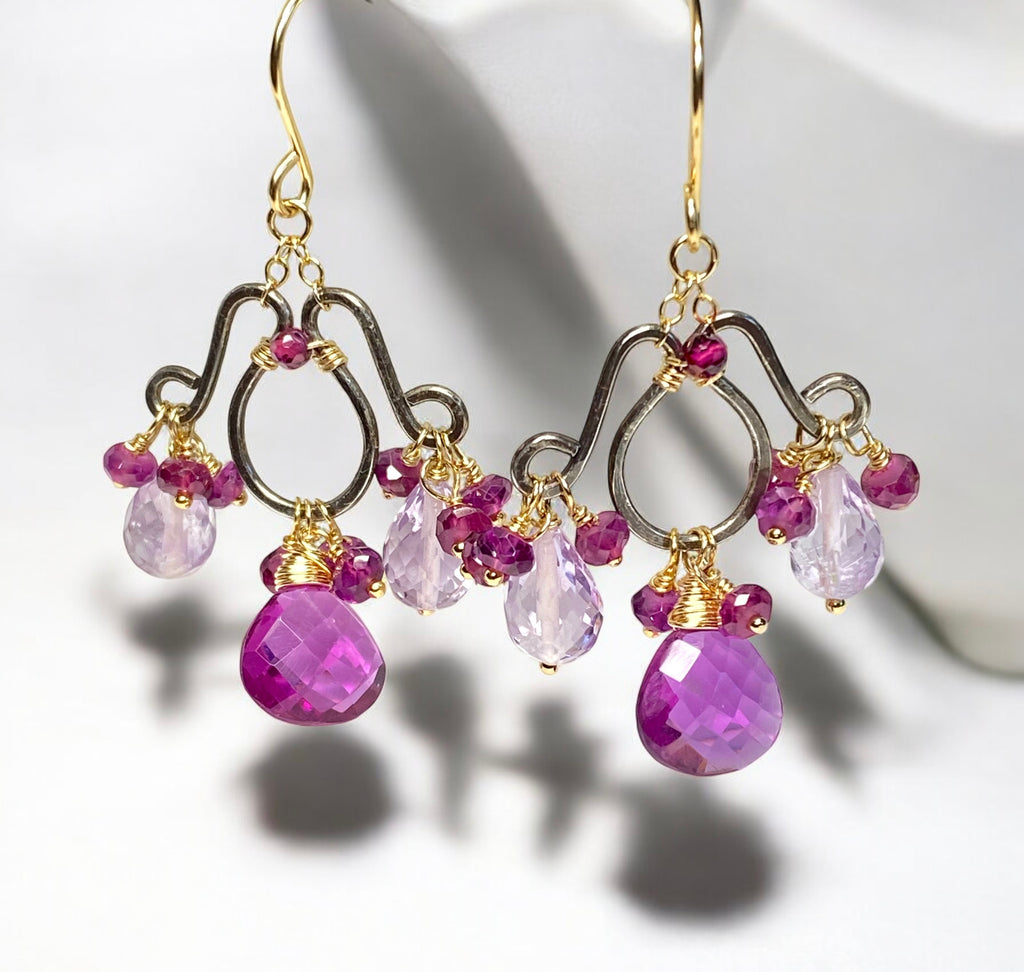 Mixed Metal Chandelier Earrings in Garnet, Pink Amethyst, Violet Quartz