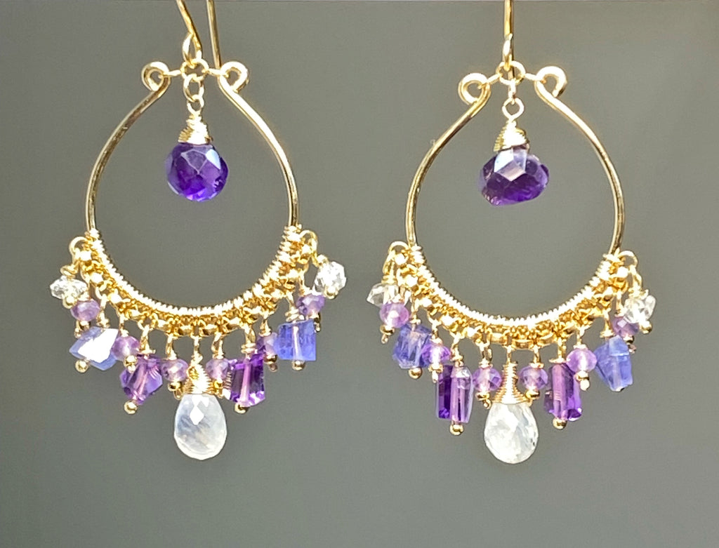 Blue Violet Purple Gold Fill Hoop Chandelier Earrings with Moonstone