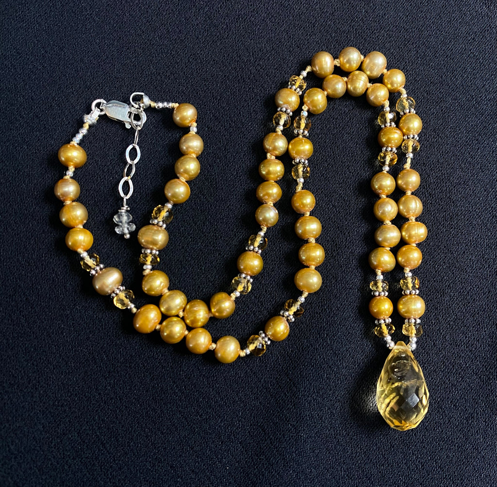 Citrine Gemstone and Pearl Pendant Necklace Sterling Silver