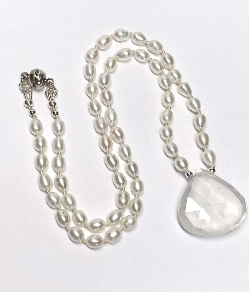 White Quartz Pendant Hand Knotted Pearl Necklace, Sterling Silver