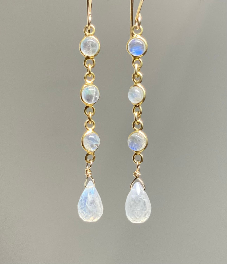 Rainbow Moonstone Teardrop Triple Dangle Earrings Gold Fill