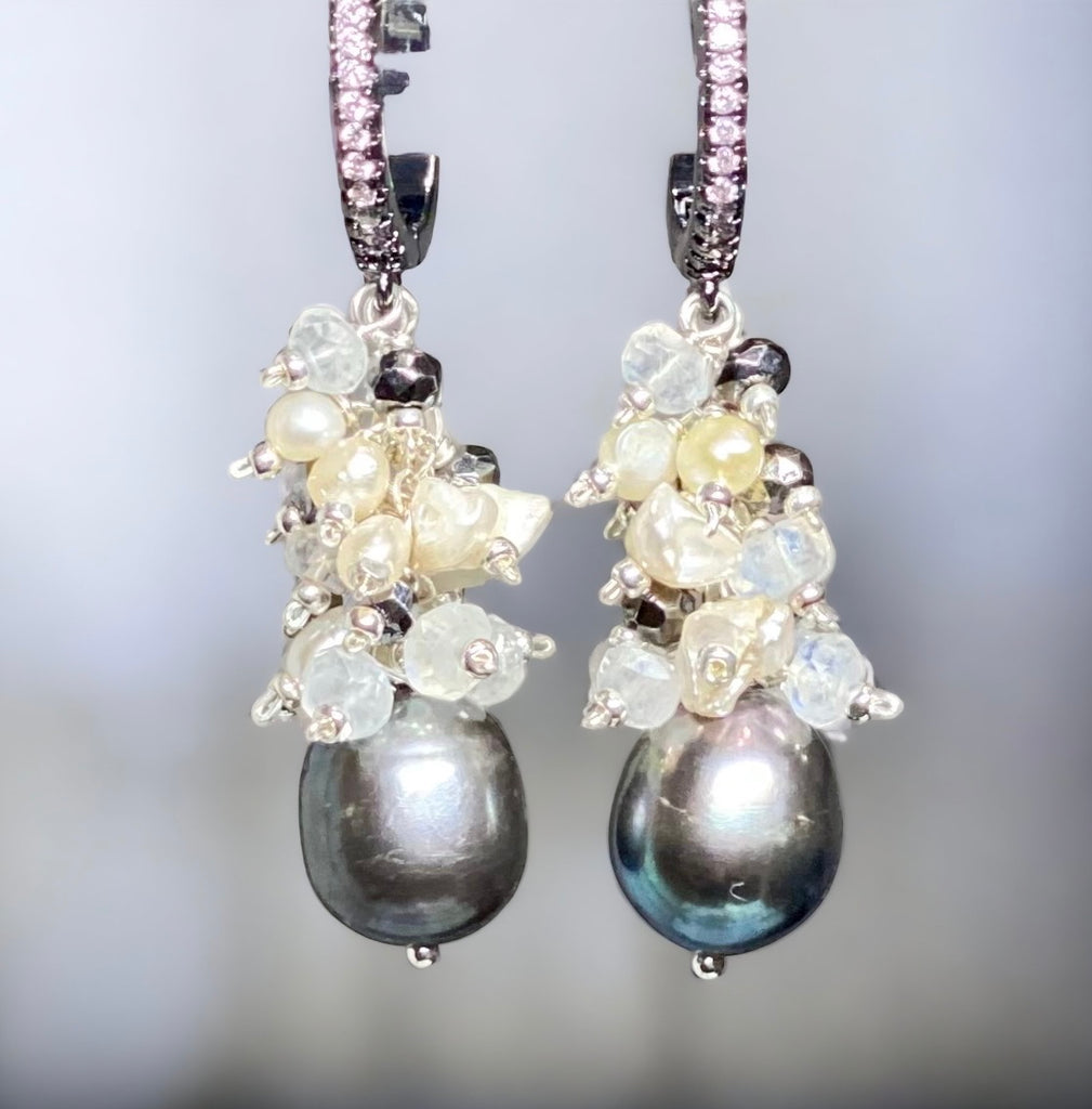 Black Grey Pearl Earrings with Moonstone Keishi Pearl and Black Sparkly Clusters