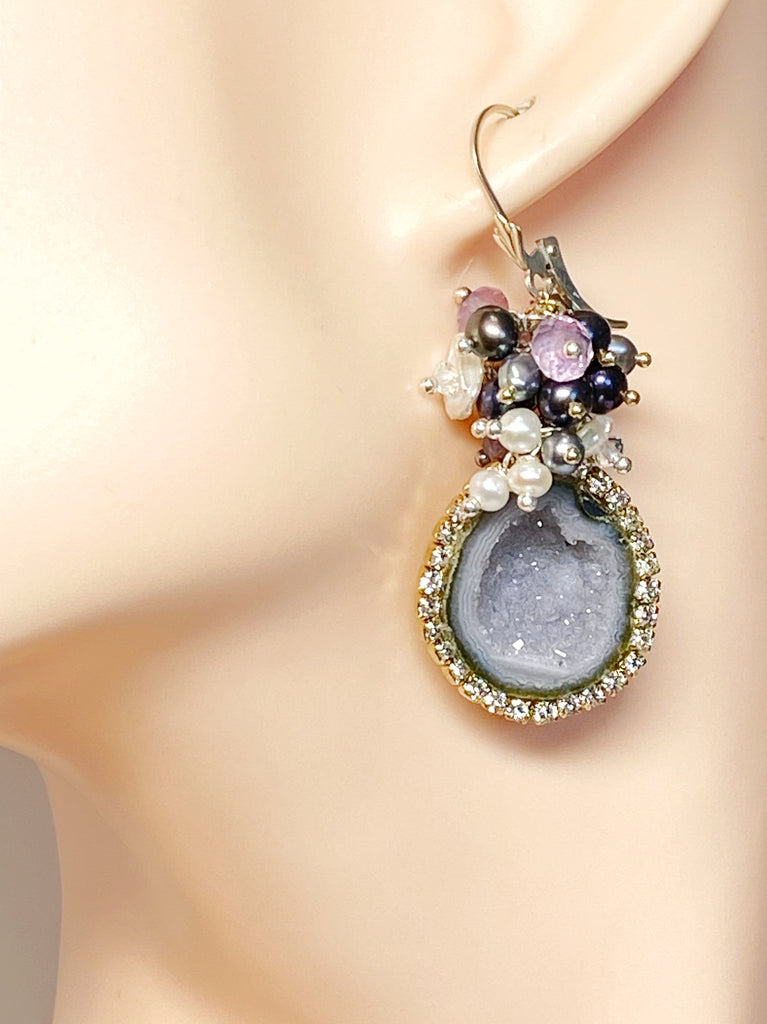 Grey Tabasco Geode Earrings with Diamond Look Austrian Crystals and Amethyst Pearl Clusters