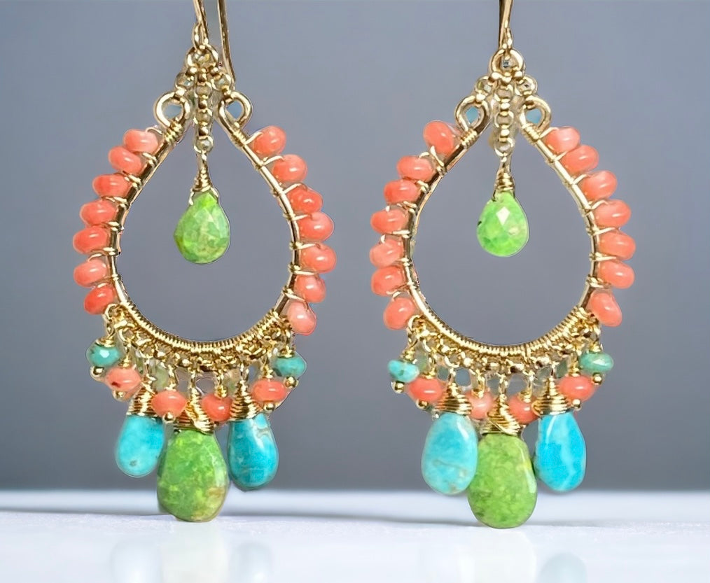 Turquoise Gold Hoop Chandelier Earrings Kingman Turquoise