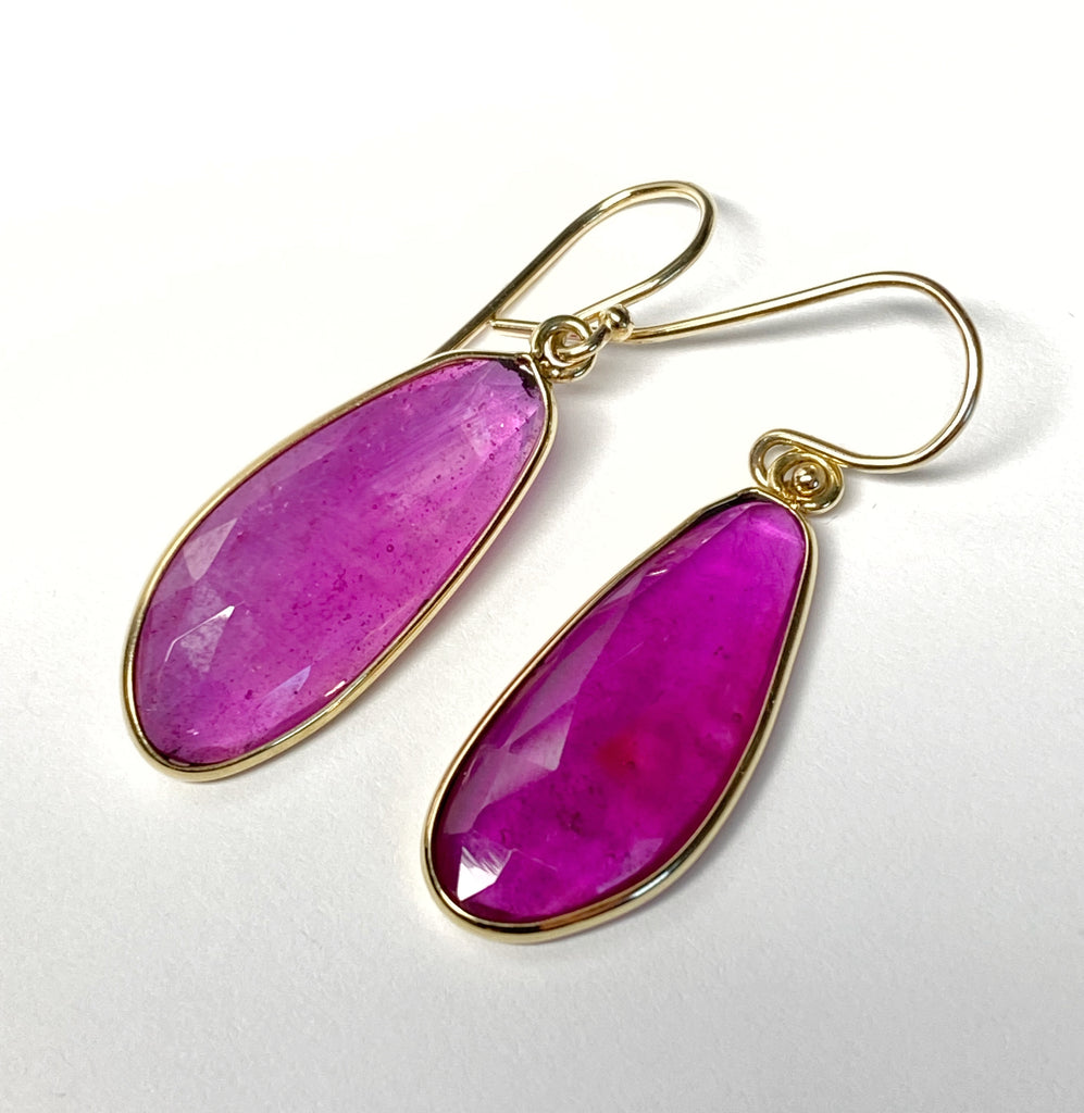 Rose Cut Ruby Dangle Earrings in 14k Gold