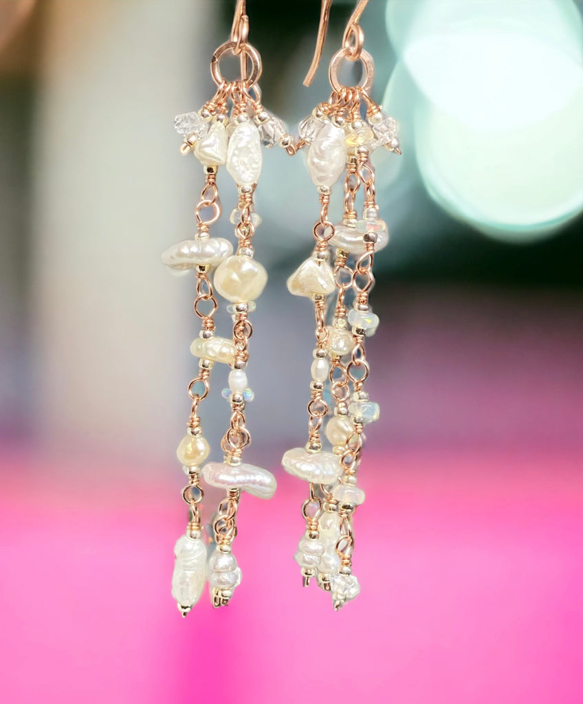 Rose Gold Dainty Pearl Boho Dangle Earrings