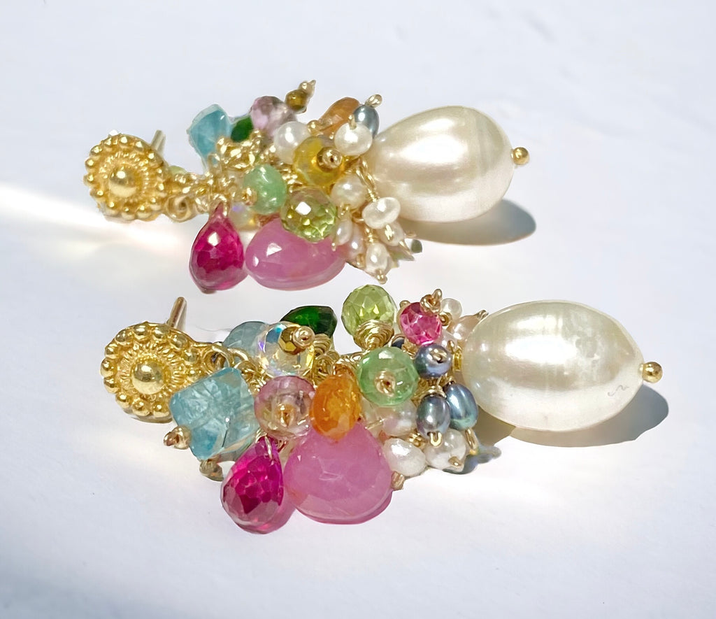 Colorful Gemstone Pearl Cluster Earrings Gold