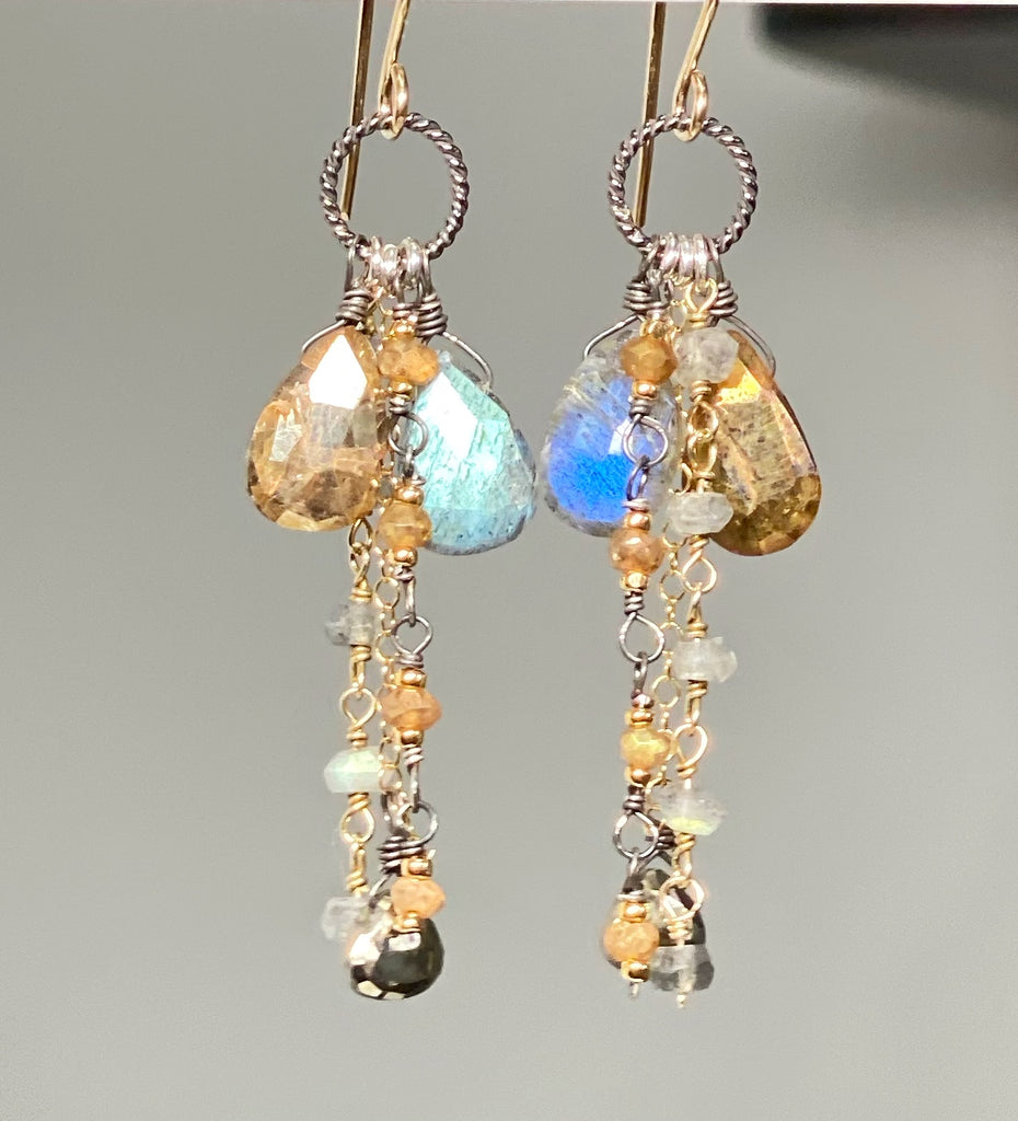 Labradorite Boho Long Gem Dangle Earrings in Mixed Metals