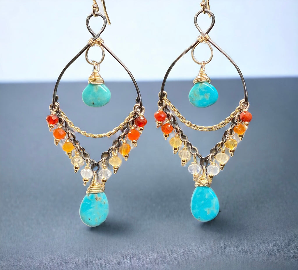 Turquoise Gemstone Mexican Fire Opal Mixed Metal Chandelier Earrings