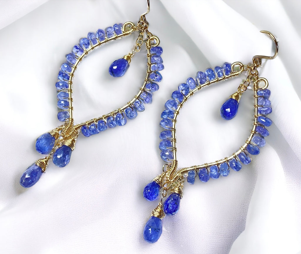 Handmade gold fill tanzanite hoop chandelier earrings, statement earrings