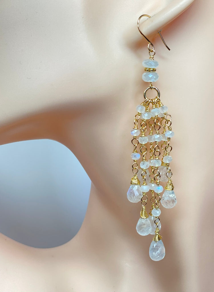 Rainbow Moonstone Tassel Earrings Gold