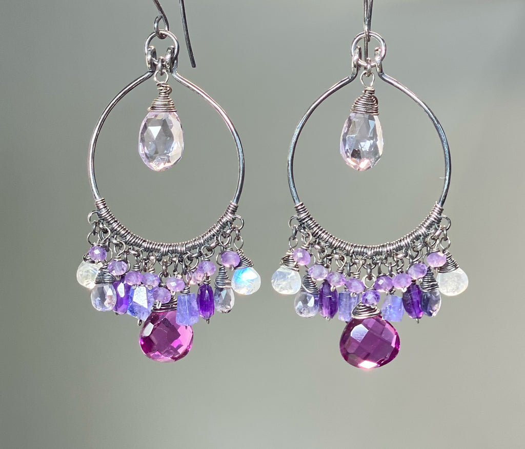 Blue Violet Statement Chandelier Hoop Earrings in Oxidized Sterling Silver