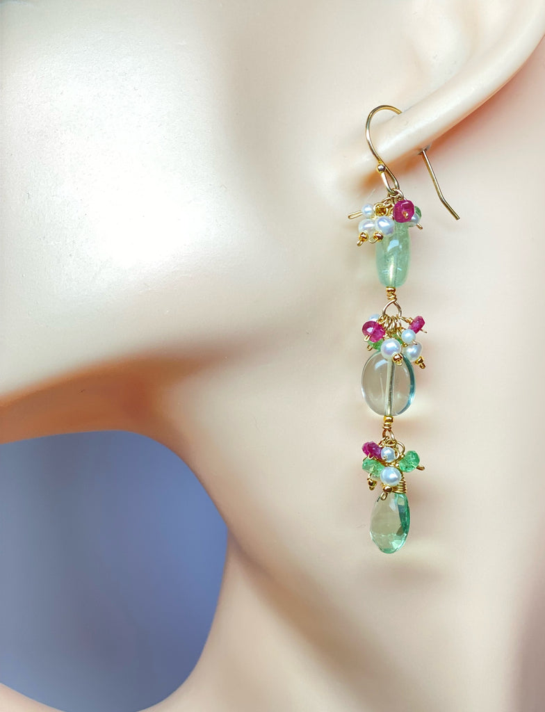 Long Green Flurorite Earrings, Gemstone Cluster