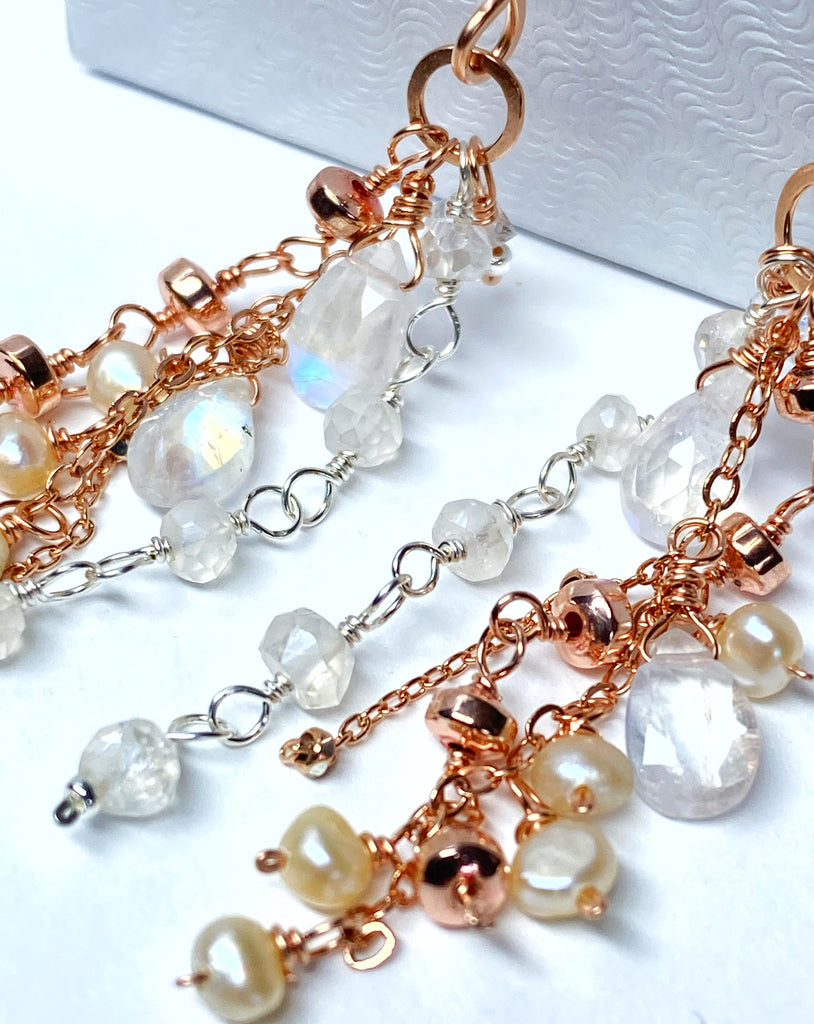 Rose Gold Dainty Moonstone, Pearl Romantic Boho Dangle Earrings