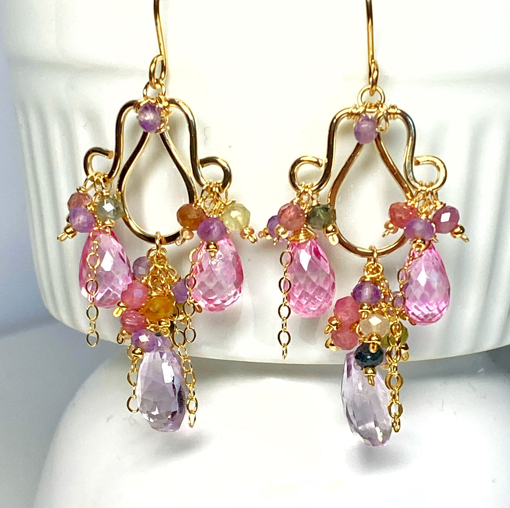Pink, Lavender, Tourmaline Chandelier Earrings in Gold Fill