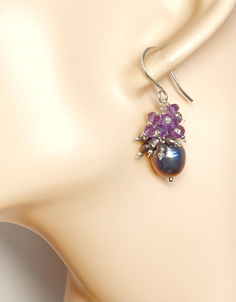 Peacock Pearl Earrings with Amethyst Gemstone Clusters in Sterling Silver