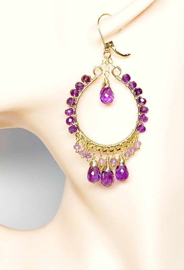Amethyst Gold Fill Hoop Chandelier Earrings
