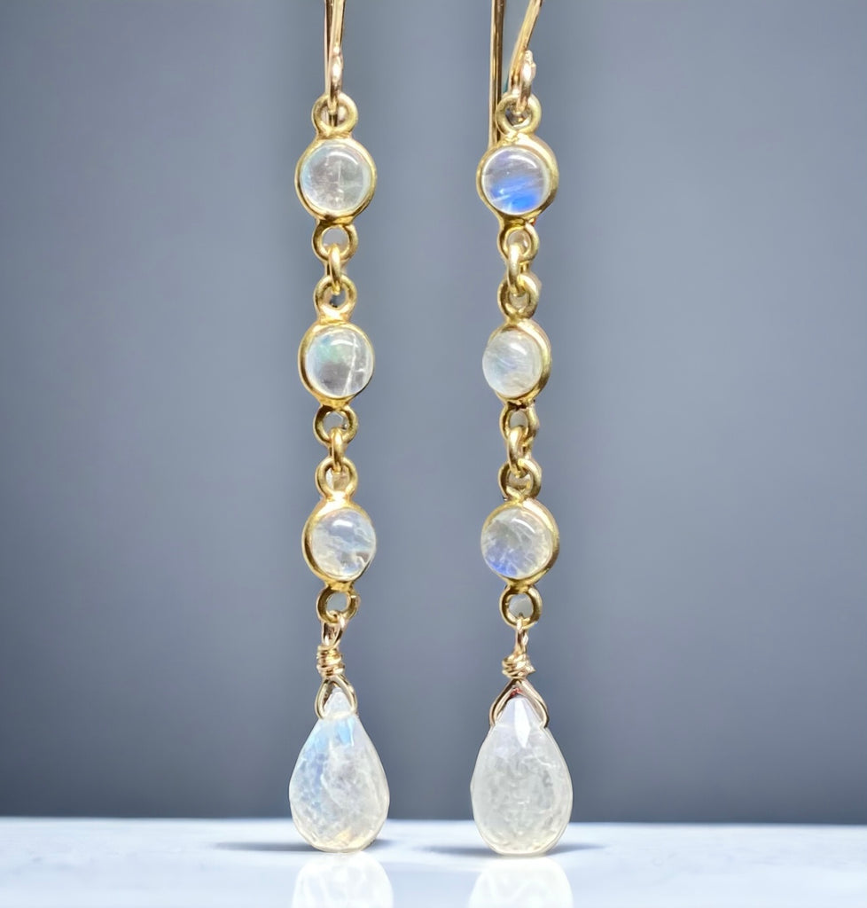 Rainbow Moonstone Teardrop Triple Dangle Earrings Gold Fill