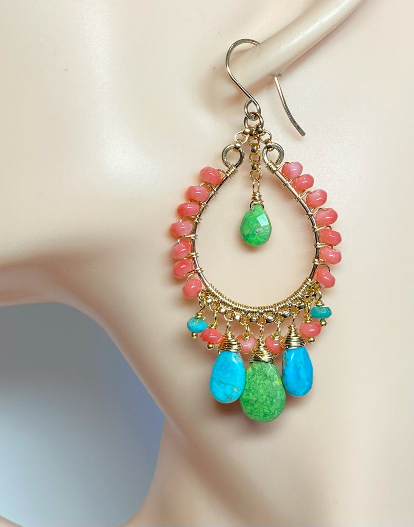 Turquoise Gold Hoop Chandelier Earrings Kingman Turquoise