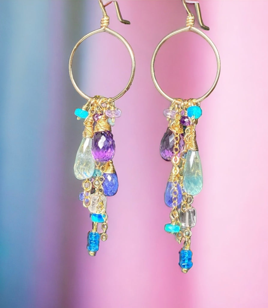 Amethyst Aquamarine Tanzanite Gold Dangle Gold Fill Hoop Earrings