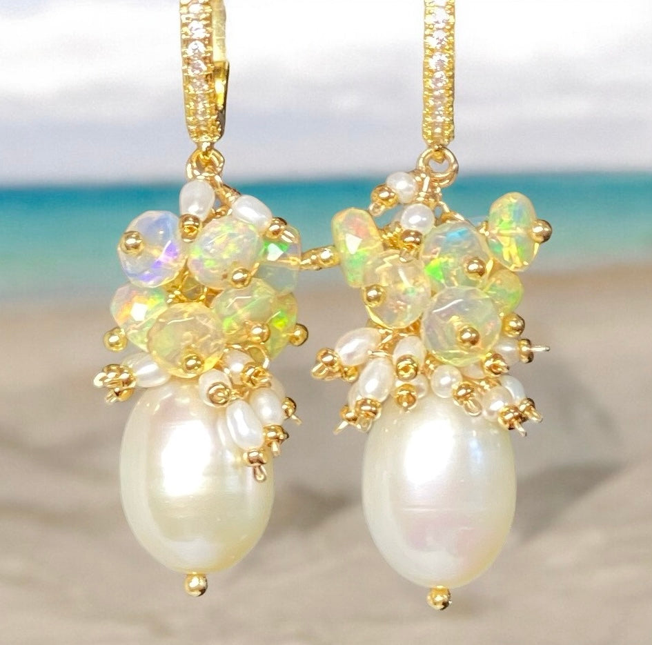 Pearl and Opal Cluster Earrings Gold