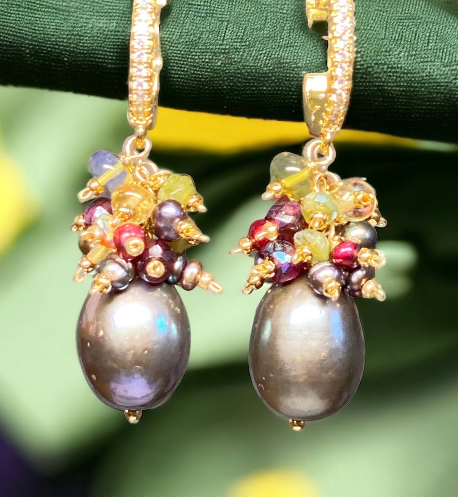 grey pearl earrings with colorful gemstone clusters in 14 kt gold fill