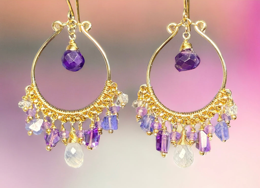 Blue Violet Purple Gold Fill Hoop Chandelier Earrings with Moonstone