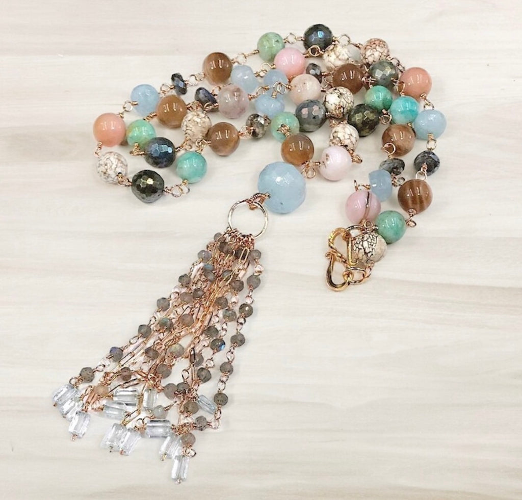Multi-stone Long Tassel Rose Gold Necklace - Doolittle