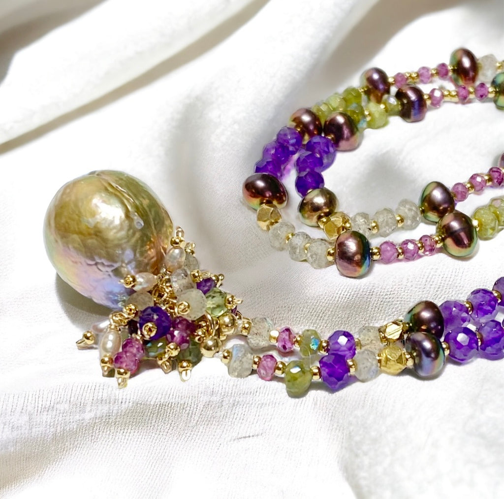 Exotic Mauve Pink Pond Slime Baroque Freshwater Pearl Pendant with Gemstone Necklace