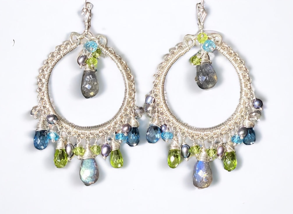 London Blue Topaz Labradorite Gemstone Hoop Earring Sterling Silver