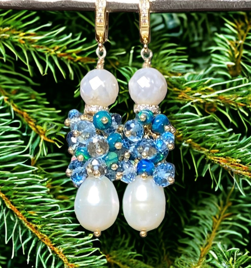 Pearl and London Blue Topaz and Opal Cluster Earrings - Doolittle