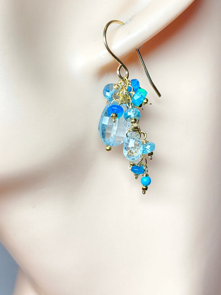 Blue Topaz Dangle Earrings with Multi Gemstone Cluster, Opal, Apatite, Herkimer Diamonds