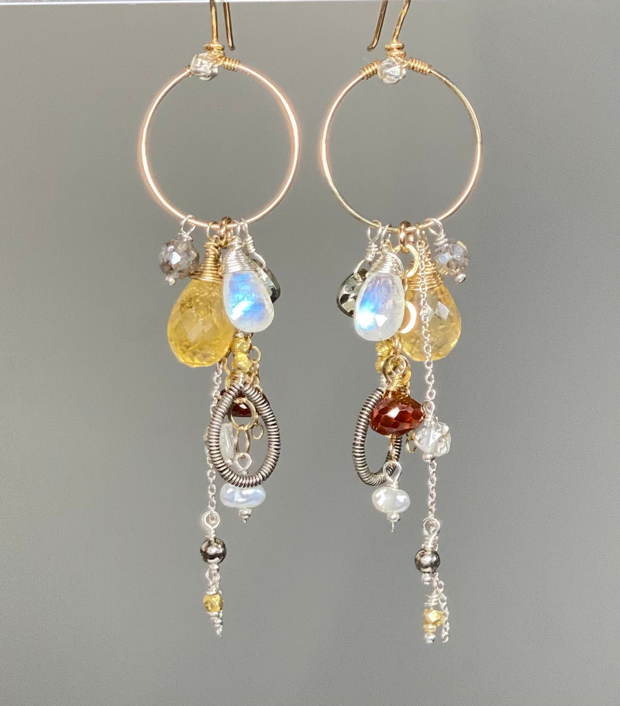 Citrine Gemstone Dangle Tassel Gold Hoop Earring