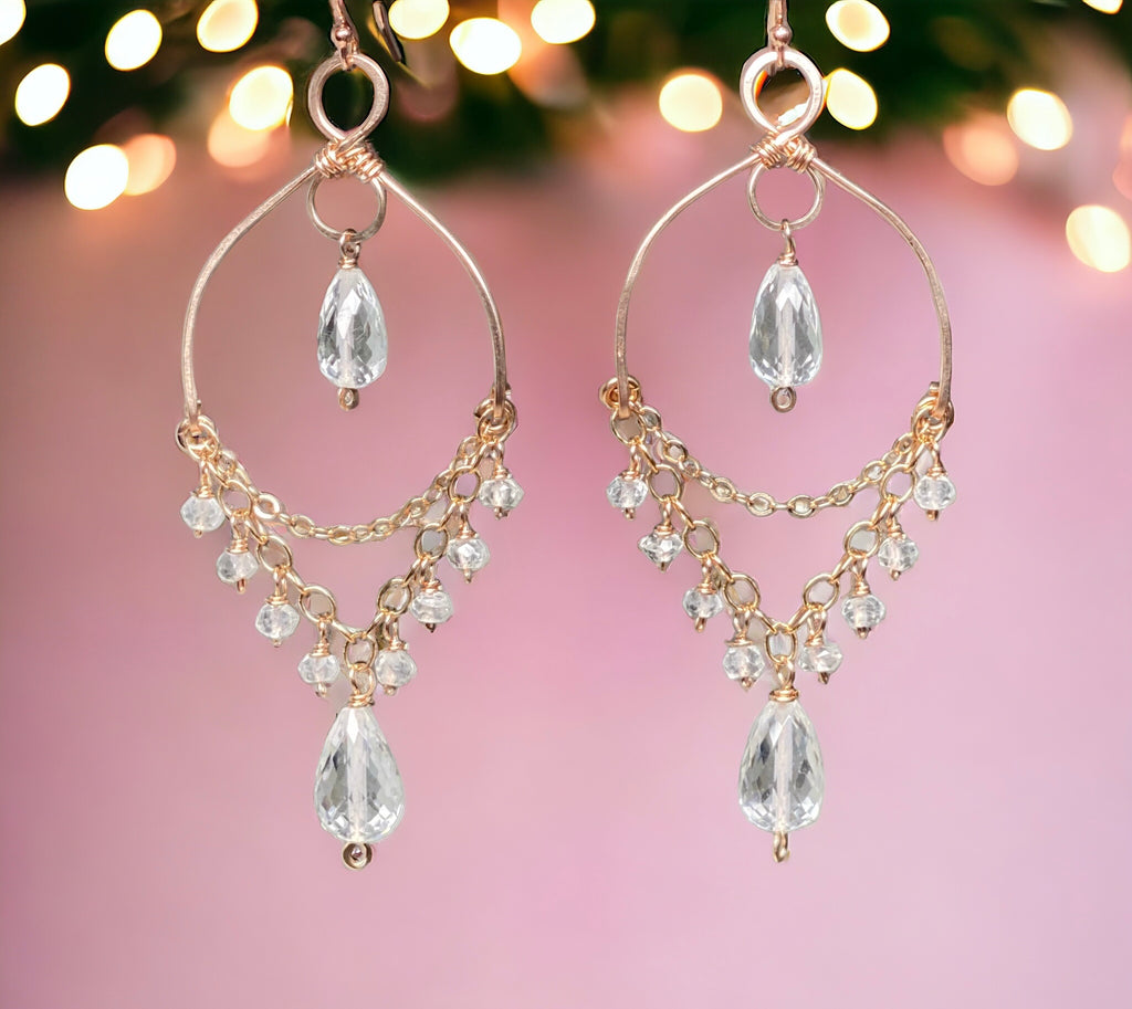 Crystal Quartz Gemstone Chandelier Dangle Earrings Rose Gold Fill