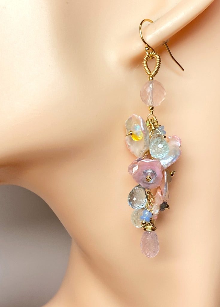 Aquamarine, Opal Gemstone and Keishi Pearl Dangle Wedding Earrings