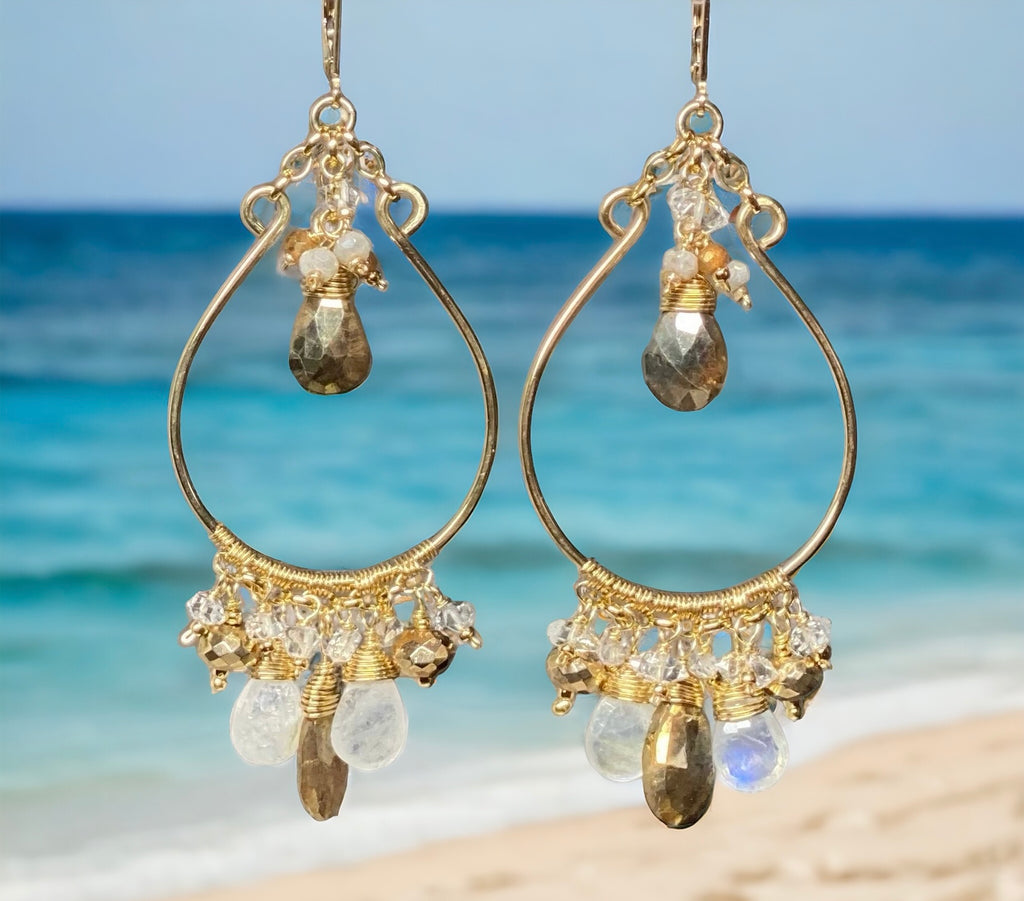 Rainbow Moonstone Gold Chandelier Hoop Earrings Herkimer Diamond