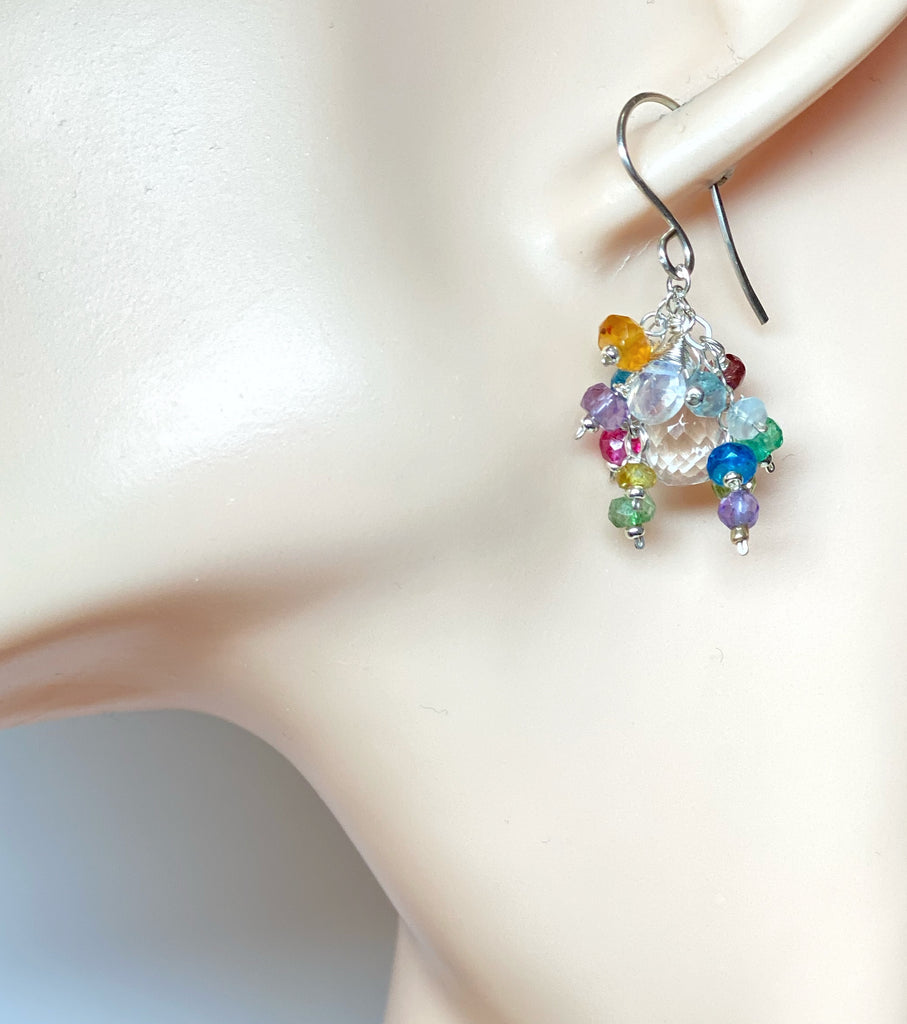 Crystal Quartz Dangle Earrings with Multi Gemstone Cluster Sterling Silver 9