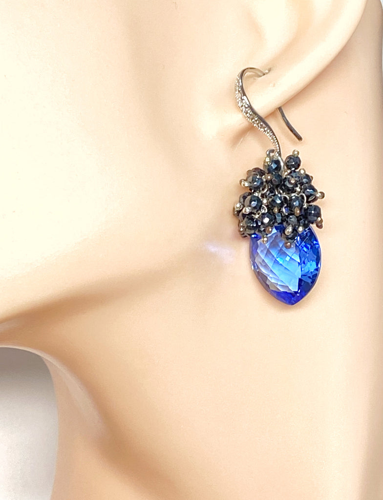 Blue Topaz and Black Spinel Cluster Earrings Sterling Silver - Doolittle