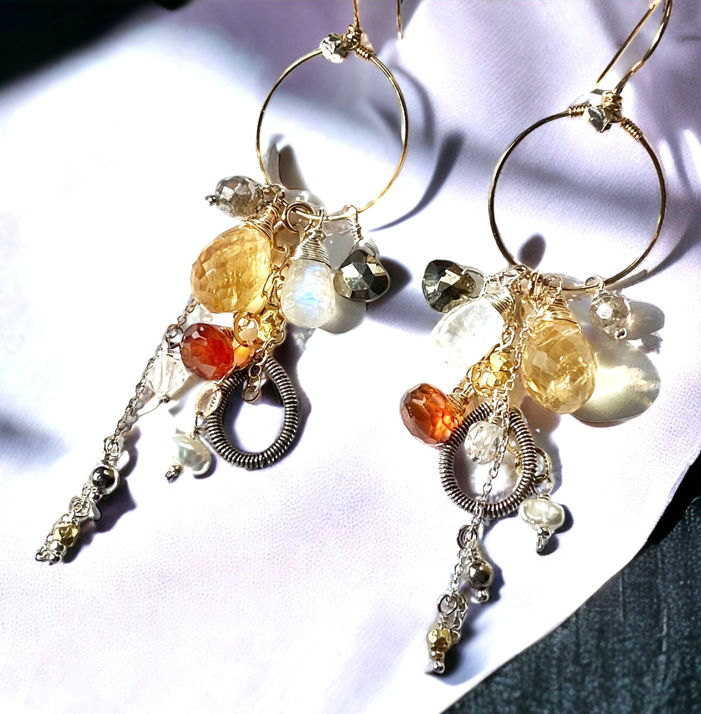 Citrine Gemstone Dangle Tassel Gold Hoop Earring